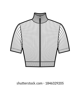 Zip-up cropped turtleneck ribbed-knit sweater technical fashion illustration with short sleeves, close-fitting shape. Flat jumper apparel template front white color. Women men unisex shirt top mockup