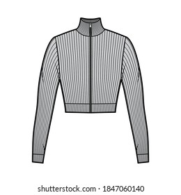 Zip-up cropped turtleneck ribbed-knit sweater technical fashion illustration with long sleeves close-fitting shape. Flat jumper apparel template front grey color. Women men unisex shirt top CAD mockup