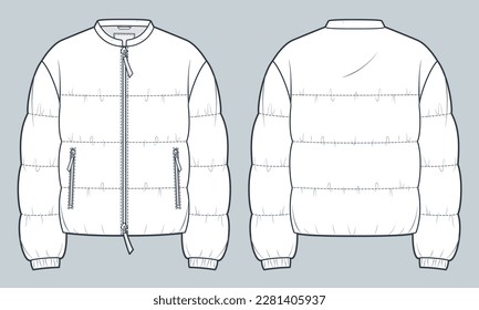 Zip  up Down Jacket technical fashion Illustration  Quilted padded Jacket  Outerwear technical drawing template  pocket  band collar  front   back view  white  women  men  unisex CAD mockup 
