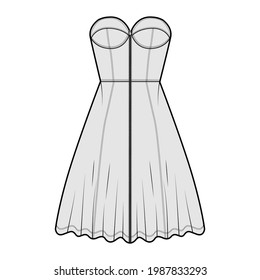 Zip-up dress bustier denim technical fashion illustration with sleeveless, strapless, fitted body, knee length A-line skirt. Flat apparel front, grey color style. Women, men unisex CAD mockup