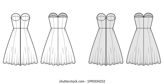 Zip-up dress bustier denim technical fashion illustration with sleeveless, strapless, fitted body, knee length A-line skirt. Flat apparel front, back, white grey color style. Women, unisex CAD mockup