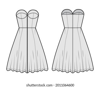 Vestido de zip-up denim ilustración técnica de moda con falda de línea A de longitud de rodilla, sin mangas, sin trapos, cuerpo montado. Delantero de ropa plana, detrás, color gris. Mujeres, hombres unisex CAD mockup