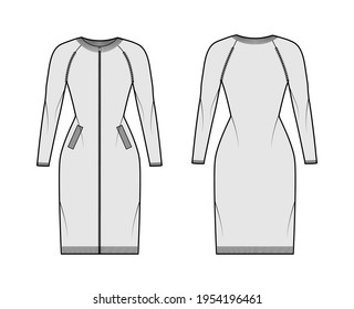 Zip-up dress cardigan Sweater technical fashion illustration with rib crew neck, long raglan sleeves, fitted body, knit trim, pockets. Flat jumper apparel front, back, grey color. Women men unisex CAD