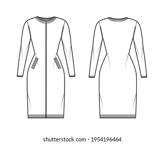 Zip-up dress cardigan Sweater technical fashion illustration with rib crew neck, long sleeves, fitted body, knit trim, pockets. Flat jumper apparel front, back white color. Women men unisex CAD mockup