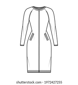 Zip-up dress cardigan Sweater technical fashion illustration with rib crew neck, long raglan sleeves, fitted body, knit trim, pockets. Flat jumper apparel front, white color. Women unisex CAD mockup