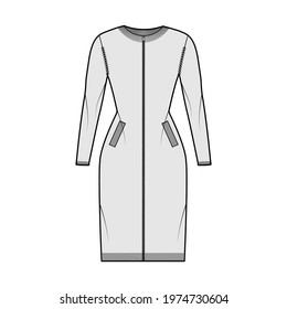 Zip-up dress cardigan Sweater technical fashion illustration with rib crew neck, long sleeves, fitted body, knit trim, pockets. Flat jumper apparel front, grey color. Women men unisex CAD mockup