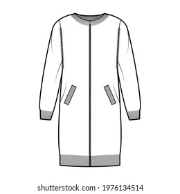 Zip-up dress cardigan Sweater technical fashion illustration with rib crew neck, long sleeves, oversized body, knit trim, pockets. Flat jumper apparel front, white color. Women men unisex CAD mockup