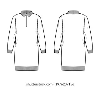 Zip-up dress Sweater technical fashion illustration with rib henley neck, classic collar, long sleeves, oversized, knit trim. Flat apparel front, back, white color style. Women, men unisex CAD mockup