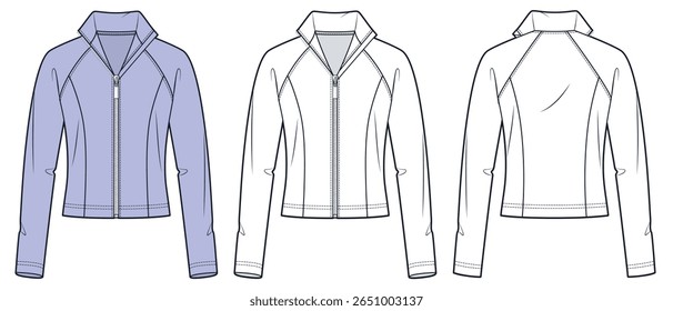 Zip-up fitted Jacket technical fashion illustration. Raglan Sleeve Jacket fashion flat technical drawing template, fitted, high collar, front, back view, white, lilac, women, men, unisex CAD mockup.
