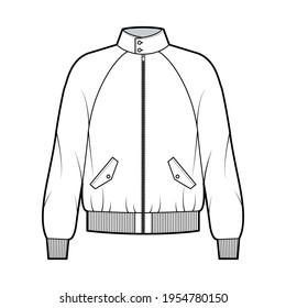 Zip-up Harrington Bomber jacket technical fashion illustration with Rib cuffs, waistband, oversized, long raglan sleeves, flap pockets. Flat coat template front, white color. Women men top CAD mockup