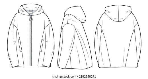 Zip-up Hooded Coat technical fashion illustration, oversized, long sleeves, pockets. Unisex Jacket Coat template front, back, side views, white. Women men unisex top CAD mockup.