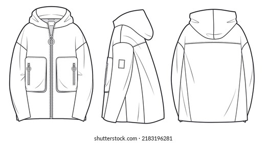 Zip  up Hooded Coat technical fashion illustration  oversized   long sleeves  patch pockets  Unisex Jacket Coat template front  back  side views  white color  Women men unisex top CAD mockup 