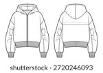 Zip-Up Hooded Jacket with Ruched Sleeves Technical Illustration. Cropped Hoodie, Front Zip, Ribbed Hem and Cuffs. Front and Back Views. Unisex Outerwear CAD Mockup.