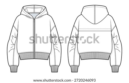 Zip-Up Hooded Jacket with Ruched Sleeves Technical Illustration. Cropped Hoodie, Front Zip, Ribbed Hem and Cuffs. Front and Back Views. Unisex Outerwear CAD Mockup.
