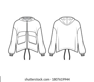 Zip-up hooded paneled track jacket technical fashion illustration with utility flap pockets, oversized, long sleeves, drawcord hem. Flat coat template front, back white color. Women men unisex top CAD