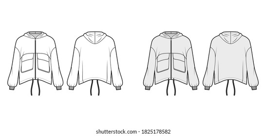 Zip-up hooded paneled track jacket technical fashion illustration with utility flap pockets, oversized, long sleeves, drawcord hem. Flat coat template front, back white, grey color. Women, men top CAD