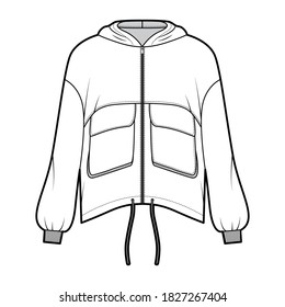 Einfach gedeckte Paneelmantel, technische Modellierung mit Klapptaschen, überdimensionierte, lange Ärmel, Drückerhahn. Flaches Fellvorlagenvorderteil, weiße Farbe. Frauen, Männer, unisex top CAD