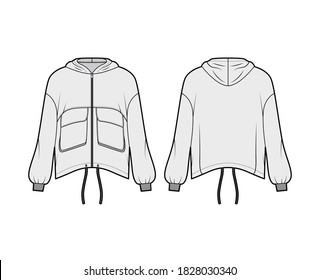 Zip-up hooded paneled track jacket technical fashion illustration with utility flap pockets, oversized, long sleeves, drawcord hem. Flat coat template front back grey color. Women, men, unisex top CAD