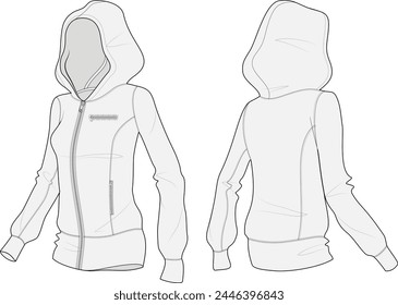 Zip-up hooded vest fashion illustration design template for women's sportswear. Blank sweatsuit jogging kit.