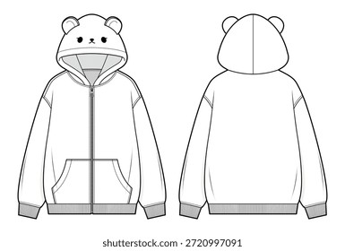 Sudadera con capucha y cremallera con ilustración técnica de moda de orejas de oso. Sudadera de hombro caído con cierre de cremallera frontal. Vistas frontal y posterior. Linda ropa de salón. Ropa exterior unisex. Conjunto de maquetas CAD.