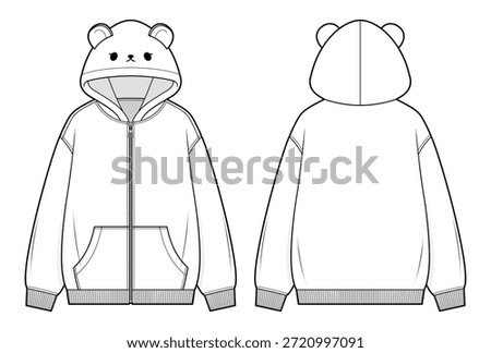 Zip-Up Hoodie with Bear Ears Technical Fashion Illustration. Dropped Shoulder Sweatshirt with Front Zipper Closure. Front and Back Views. Cute Loungewear. Unisex outerwear. CAD Mockup Set.