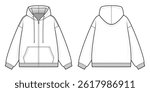 Zip-Up Hoodie with Kangaroo Pocket Technical Fashion Illustration. Casual Hooded Jacket Vector Template. Front and Back View. Relaxed Fit. Ribbed Hem and Cuffs. Drawstring. White Color. CAD Mockup