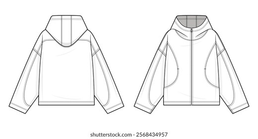 Zip-Up Hoodie Technical Fashion Illustration. Hoodie with full-zip front closure, curved front patch pockets. dropped shoulders. Front and back view. streetwear. Relaxed fit. Unisex. Cad mockup set.