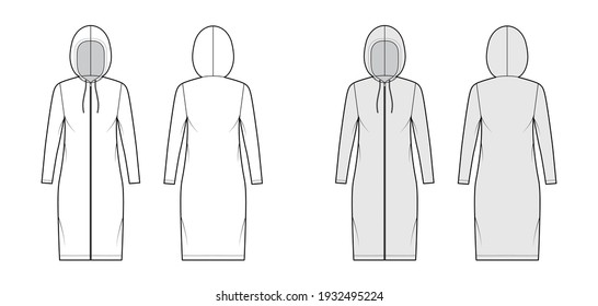 Zip  up Hoody dress technical fashion illustration and long sleeves  knee length  oversized body  Pencil fullness  Flat apparel template front  back  white  grey color  Women  men  unisex CAD mockup