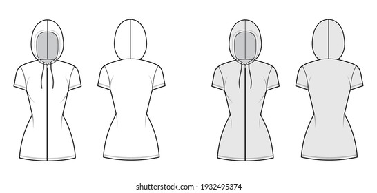 Zip  up Hoody dress technical fashion illustration and short sleeves  mini length  fitted body  Pencil fullness  Flat apparel template front  back  white  grey color  Women  men  unisex CAD mockup