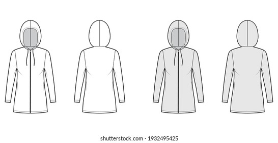Zip  up Hoody dress technical fashion illustration and long sleeves  mini length  oversized body  Pencil fullness  Flat apparel template front  back  white  grey color  Women  men  unisex CAD mockup