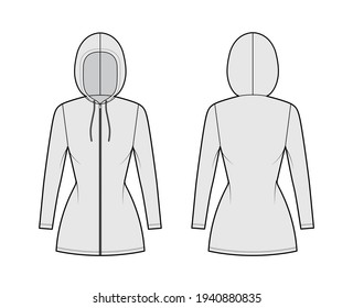 Zip-up Hoody dress technical fashion illustration with long sleeves, mini length, fitted body, Pencil fullness. Flat apparel template front, back, grey color style. Women, men, unisex CAD mockup