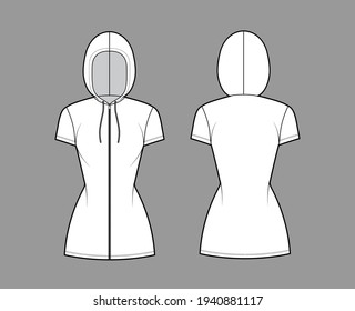 Zip  up Hoody dress technical fashion illustration and short sleeves  mini length  fitted body  Pencil fullness  Flat apparel template front  back  white color style  Women  men  unisex CAD mockup