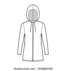 Zip  up Hoody dress technical fashion illustration and long sleeves  mini length  oversized body  Pencil fullness  Flat apparel template front  white color style  Women  men  unisex CAD mockup