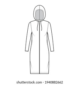 Zip  up Hoody dress technical fashion illustration and long sleeves  knee length  oversized body  Pencil fullness  Flat apparel template front  white color style  Women  men  unisex CAD mockup