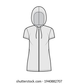 Zip  up Hoody dress technical fashion illustration and short sleeves  mini length  oversized body  Pencil fullness  Flat top apparel template front  grey color  Women  men  unisex CAD mockup