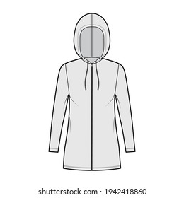 Zip-up Hoody dress technical fashion illustration with long sleeves, mini length, oversized body, Pencil fullness. Flat apparel template front, grey color style. Women, men, unisex CAD mockup