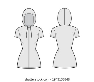 Zip  up Hoody dress technical fashion illustration and short sleeves  mini length  fitted body  Pencil fullness  Flat apparel template front  back  grey color style  Women  men  unisex CAD mockup