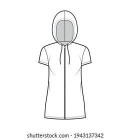 Zip  up Hoody dress technical fashion illustration and short sleeves  mini length  oversized body  Pencil fullness  Flat top apparel template front  white color  Women  men  unisex CAD mockup