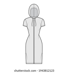 Zip  up Hoody dress technical fashion illustration and short sleeves  knee length  fitted body  Pencil fullness  Flat apparel template front  grey color style  Women  men  unisex CAD mockup