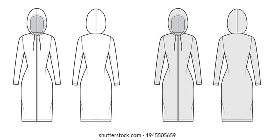 Zip  up Hoody dress technical fashion illustration and long sleeves  knee length  fitted body  Pencil fullness  Flat apparel template front  back  white  grey color style  Women  men unisex CAD mockup