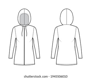 Zip  up Hoody dress technical fashion illustration and long sleeves  mini length  oversized body  Pencil fullness  Flat apparel template front  back  white color style  Women  men  unisex CAD mockup