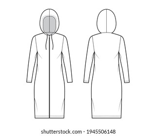 Zip  up Hoody dress technical fashion illustration and long sleeves  knee length  oversized body  Pencil fullness  Flat apparel template front  back  white color style  Women  men  unisex CAD mockup