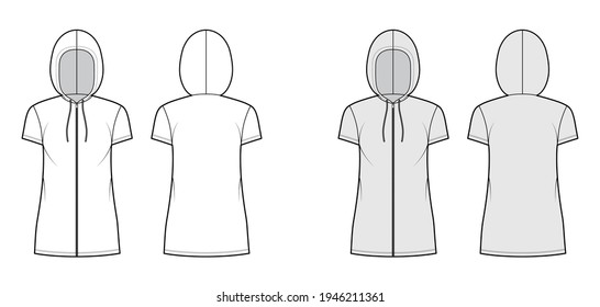 Zip  up Hoody dress technical fashion illustration and short sleeves  mini length  oversized body  Pencil fullness  Flat top template front  back  white  grey color  Women  men  unisex CAD mockup