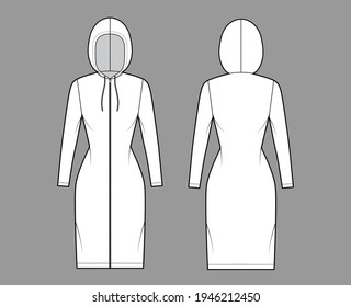 Zip  up Hoody dress technical fashion illustration and long sleeves  knee length  fitted body  Pencil fullness  Flat apparel template front  back  white color style  Women  men  unisex CAD mockup