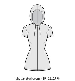 Zip  up Hoody dress technical fashion illustration and short sleeves  mini length  fitted body  Pencil fullness  Flat apparel template front  grey color style  Women  men  unisex CAD mockup