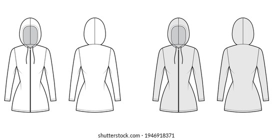 Zip-up Hoody dress technical fashion illustration with long sleeves, mini length, fitted body, Pencil fullness. Flat apparel template front, back, white, grey color style. Women, men unisex CAD mockup
