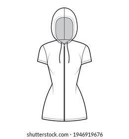 Zip  up Hoody dress technical fashion illustration and short sleeves  mini length  fitted body  Pencil fullness  Flat apparel template front  white color style  Women  men  unisex CAD mockup