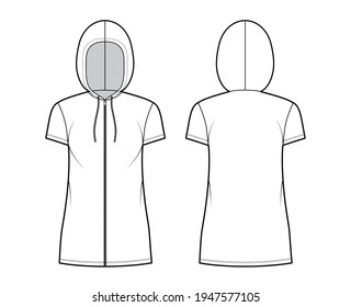 Zip  up Hoody dress technical fashion illustration and short sleeves  mini length  oversized body  Pencil fullness  Flat top apparel template front  back  white color  Women  men  unisex CAD mockup