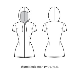 Zip  up Hoody dress technical fashion illustration and short sleeves  mini length  fitted body  Pencil fullness  Flat apparel template front  back  white color style  Women  men  unisex CAD mockup