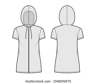 Zip  up Hoody dress technical fashion illustration and short sleeves  mini length  oversized body  Pencil fullness  Flat top apparel template front  back  grey color  Women  men  unisex CAD mockup